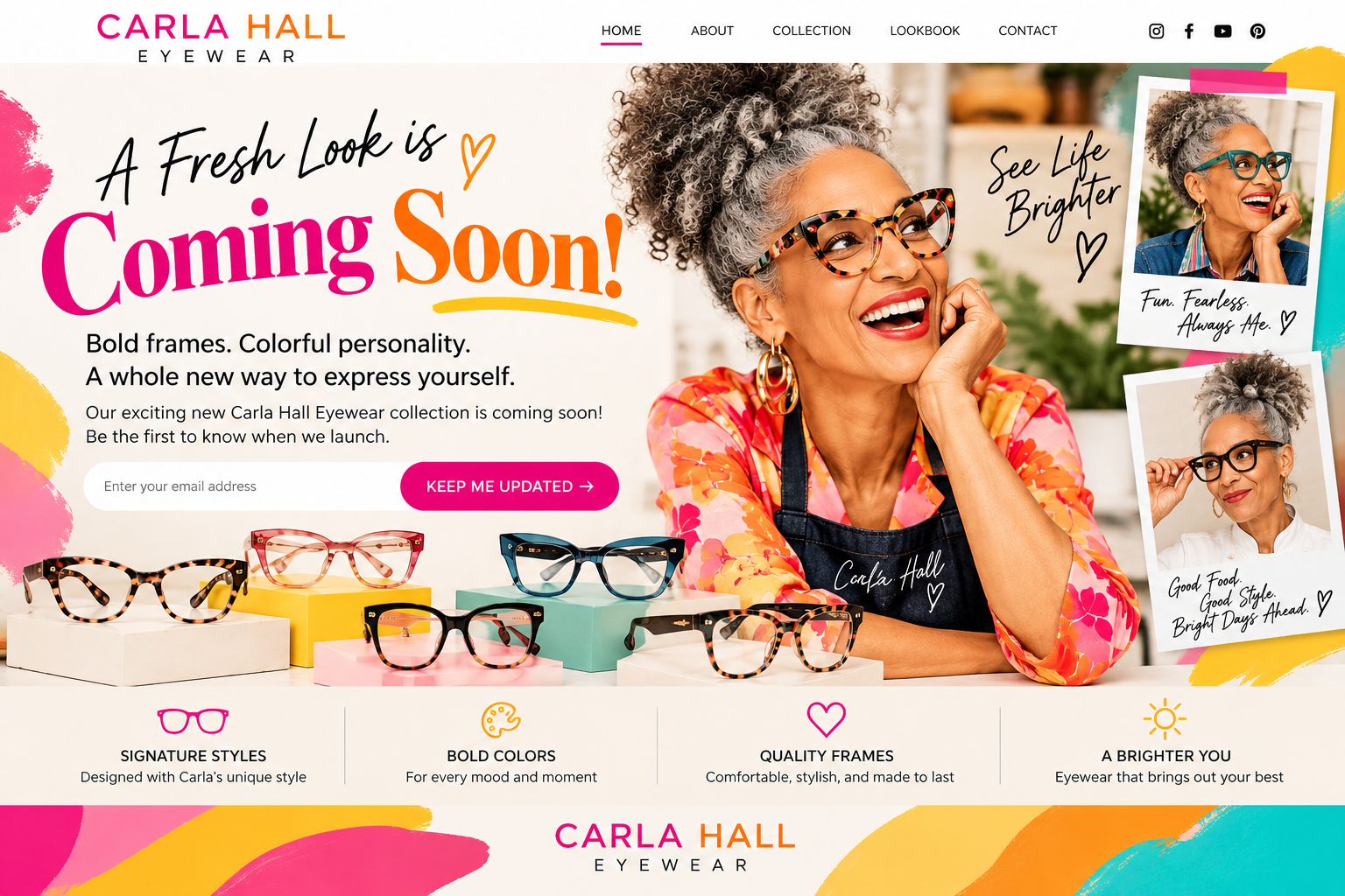 Carla Hall Eyewear coming soon — colorful eyewear launch design featuring Carla Hall and statement frames